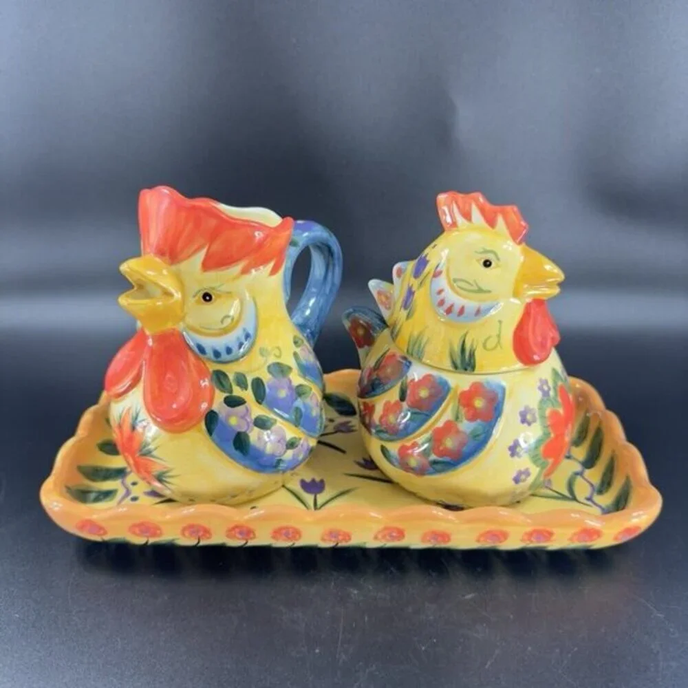 Fontana‎ Dario Farrucci Collection Set Rooster Sugar Bowl Creamer And Tray Set